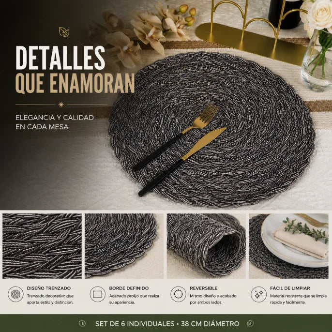 Set 6 Individuales Circulares Borde Trenzado Negro Plateado