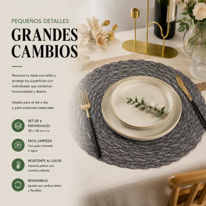 Set 6 Individuales Circulares Borde Trenzado Negro Plateado