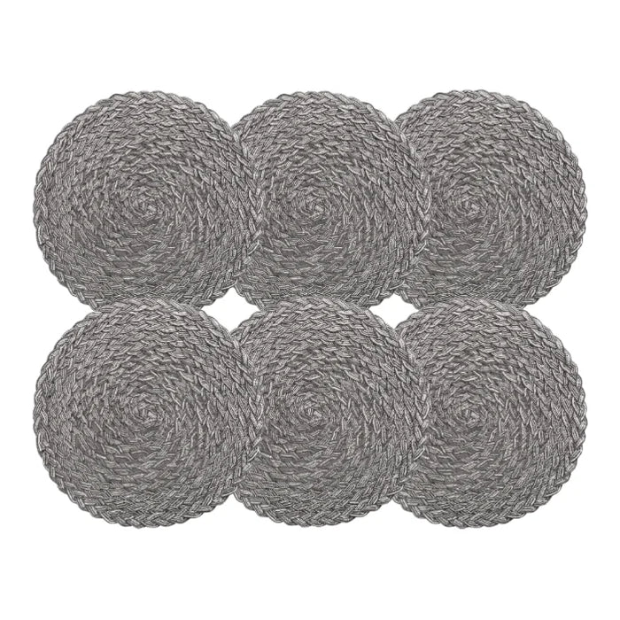 Set 6 Individuales Circulares Borde Trenzado Negro Plateado