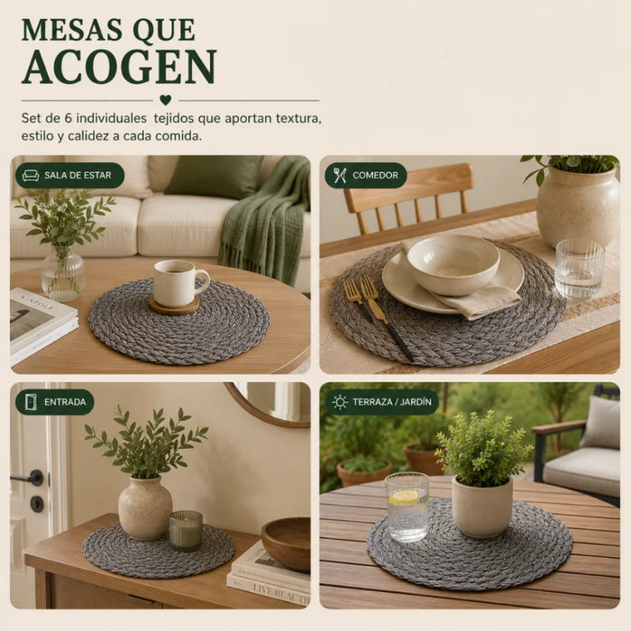 Set 6 Individuales Circulares Borde Trenzado Negro Plateado