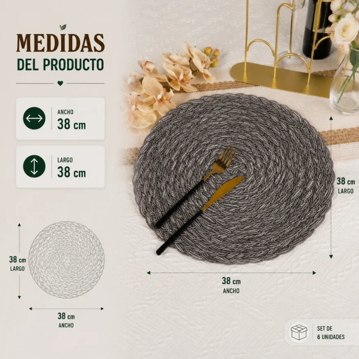 Set 6 Individuales Circulares Borde Trenzado Negro Plateado