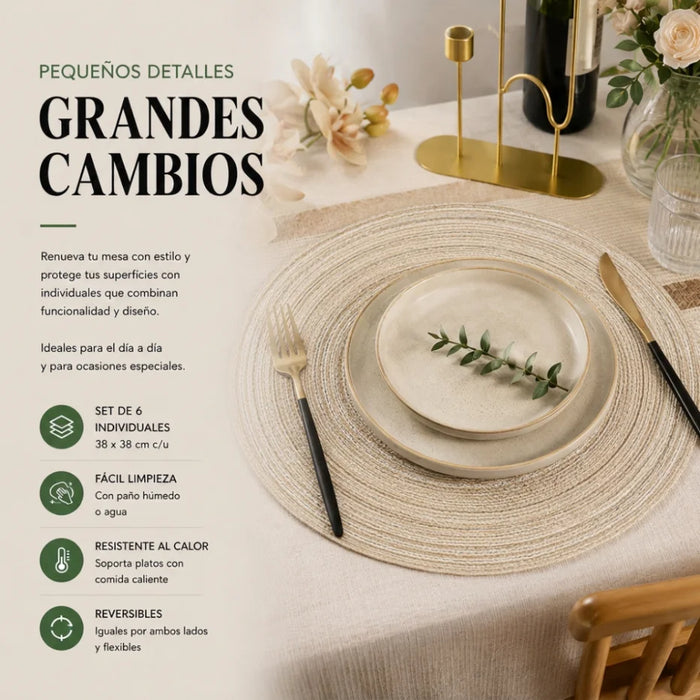 Set 6 Individuales Redondos De Mesa Beige Decorativos