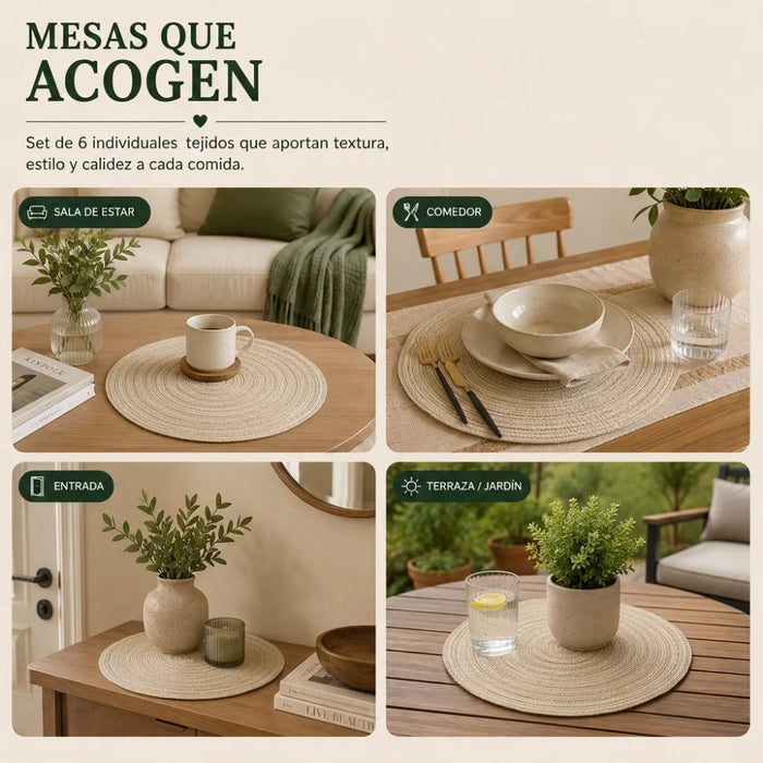 Set 6 Individuales Redondos De Mesa Beige Decorativos