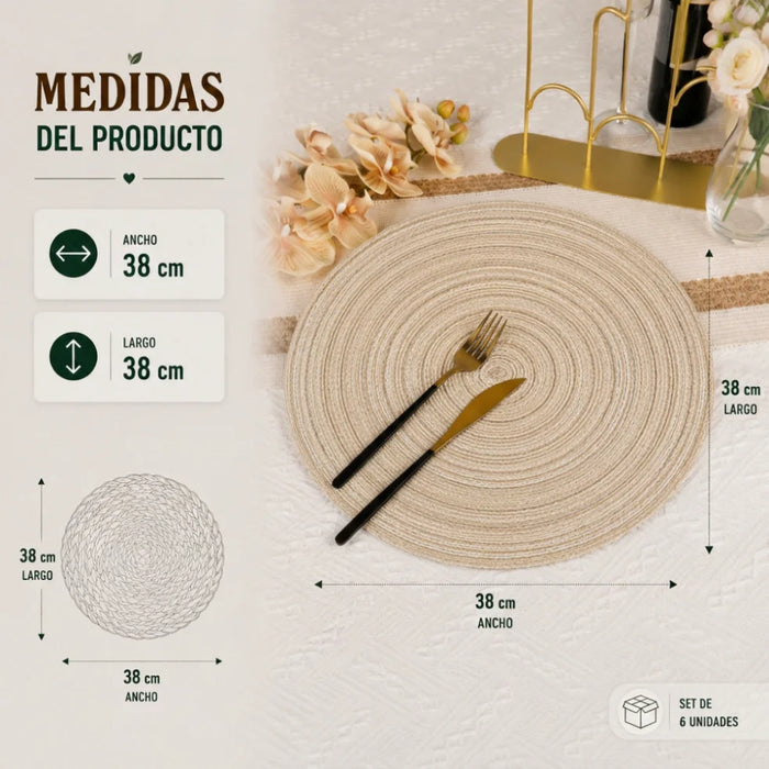 Set 6 Individuales Redondos De Mesa Beige Decorativos