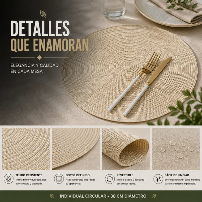 Set 6 Individuales Redondos De Mesa Beige Decorativos
