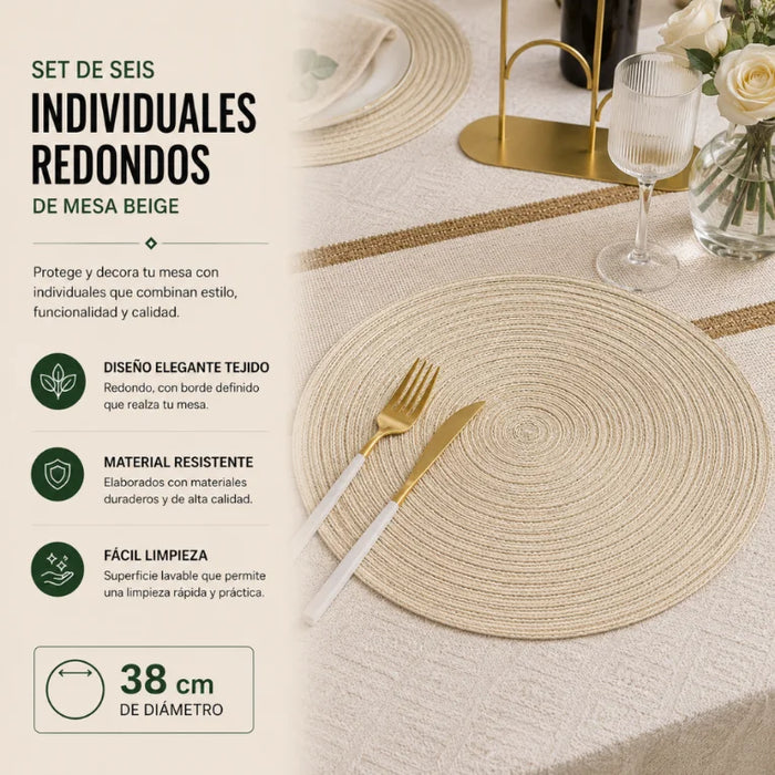 Set 6 Individuales Redondos De Mesa Beige Decorativos