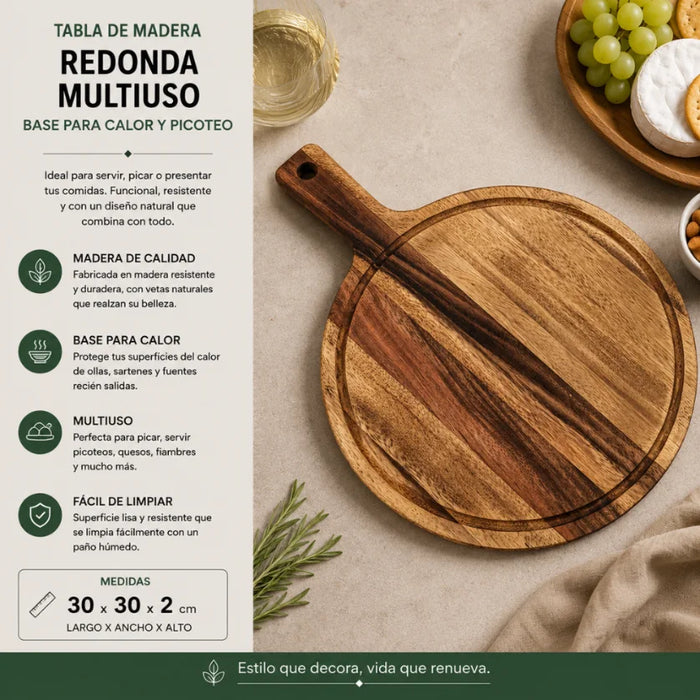 Tabla De Madera Redonda Multiuso Base Para Calor Picoteo M