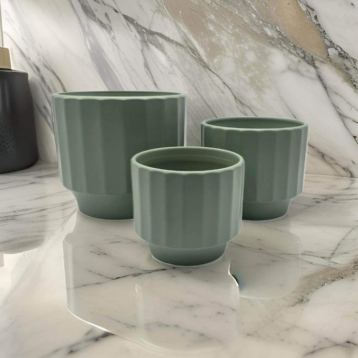 Set 3 Maceteros Maceta De Ceramica Oliva Lineas Verticales - Fliperex