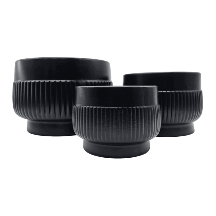 Set 3 Maceteros Maceta De Ceramica Lineas Relieve Negro - Fliperex
