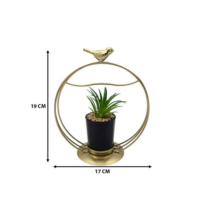 Figura Decorativa Candelabro Pajarito Dorado Con Mini Planta