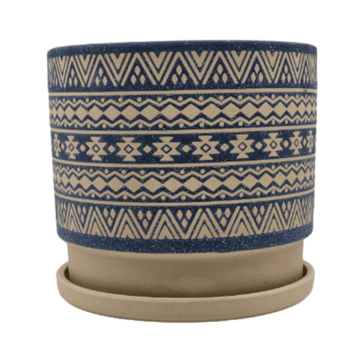 Macetero Maceta De Ceramica Azul Con Patrones Beige M - Fliperex