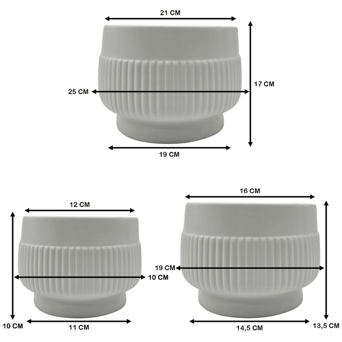 Set 3 Maceteros Maceta De Ceramica Lineas Relieve Blanco - Fliperex