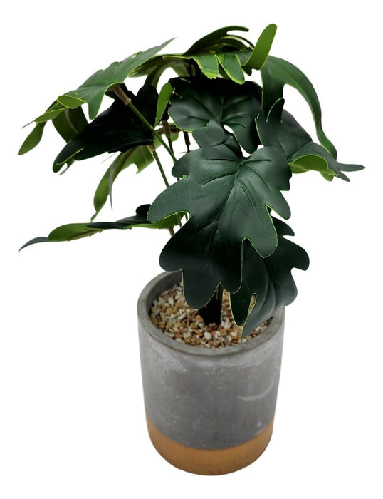 Planta Artificial Tropical Macetero Ceramica Gris Con Dorado