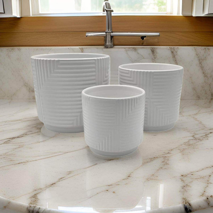 Set 3 Maceteros Maceta De Ceramica Blanco Con Linea Cuadrada - Fliperex