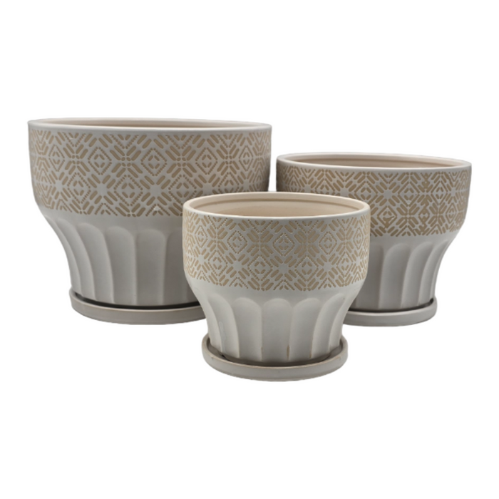 Set 3 Macetero Maceta De Ceramica Blanco Patrones Beige Alto