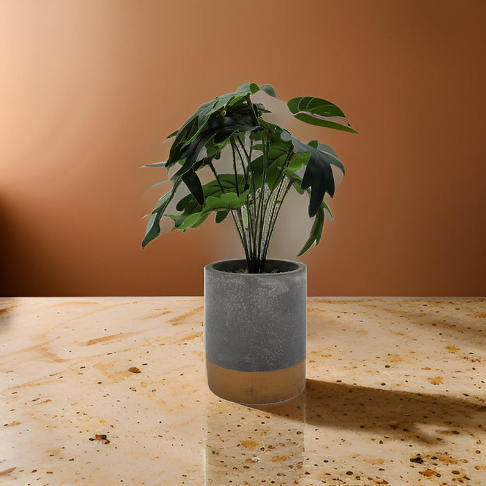 Planta Artificial Tropical Macetero Ceramica Gris Con Dorado