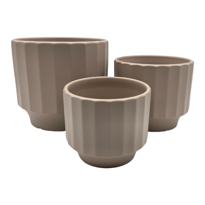 Set 3 Macetero Maceta De Ceramica Beige Lineas Verticales