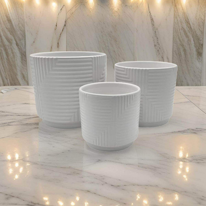 Set 3 Maceteros Maceta De Ceramica Blanco Con Linea Cuadrada - Fliperex
