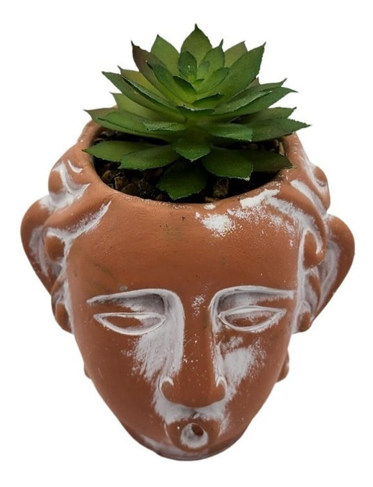 Planta Artificial Macetero Cerámica Rostro Cara Naranjo