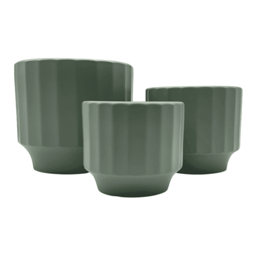 Set 3 Maceteros Maceta De Ceramica Oliva Lineas Verticales - Fliperex