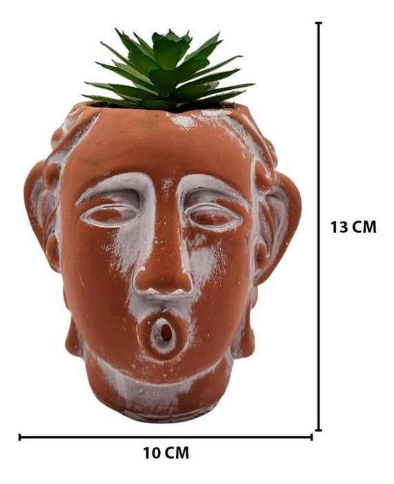 Planta Artificial Macetero Cerámica Rostro Cara Naranjo