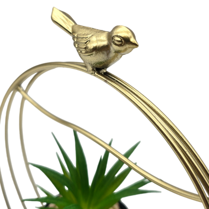 Figura Decorativa Candelabro Pajarito Dorado Con Mini Planta