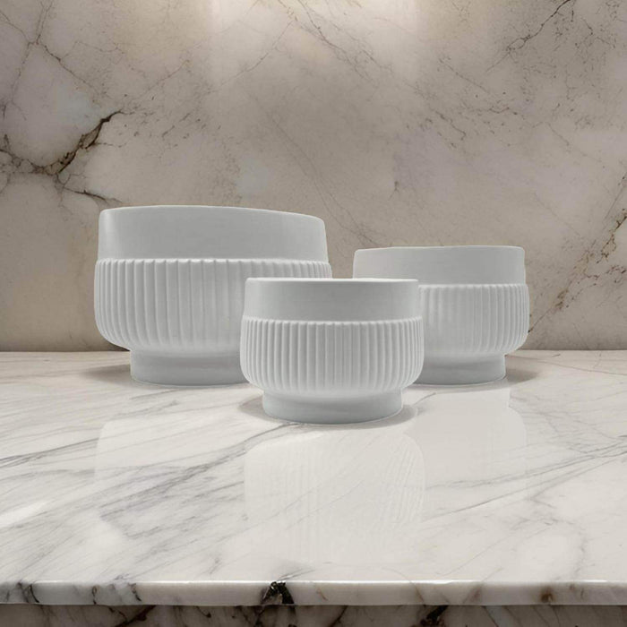 Set 3 Maceteros Maceta De Ceramica Lineas Relieve Blanco - Fliperex