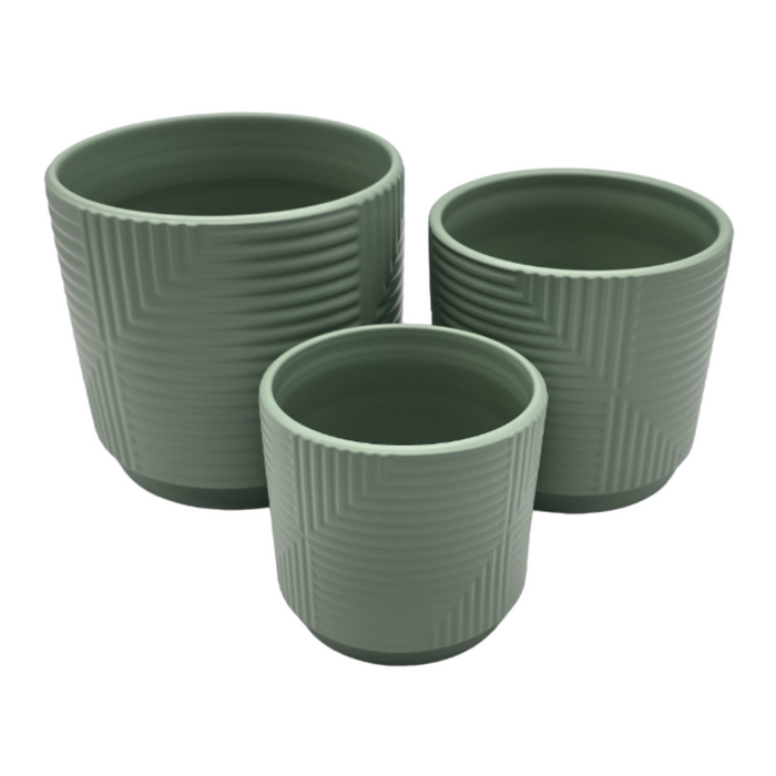 Set 3 Maceteros Maceta De Ceramica Verde Con Lineas Cuadrada