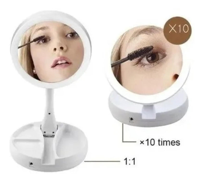 Espejo Luz Led Para Maquillaje Plegable Con Aumento 10x