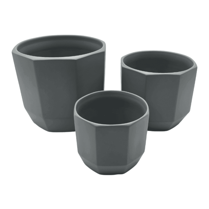 Set 3 Maceteros Maceta De Ceramica Gris Lineas Verticales - Fliperex
