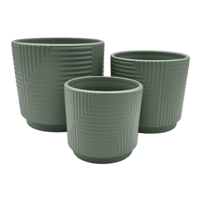 Set 3 Maceteros Maceta De Ceramica Verde Con Lineas Cuadrada