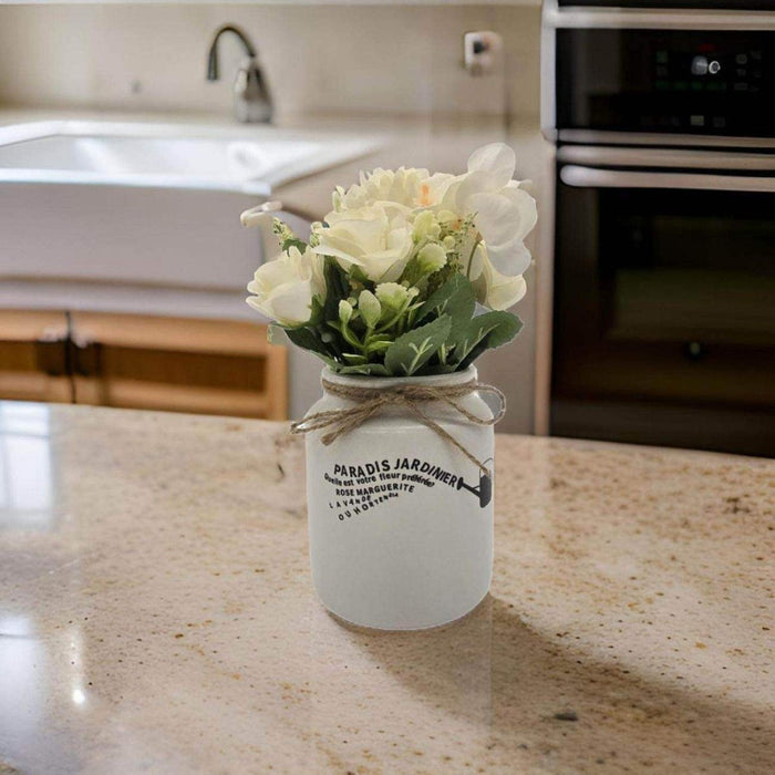 Planta Artificial Macetero Ceramica Blanco Con Hortensias - Fliperex