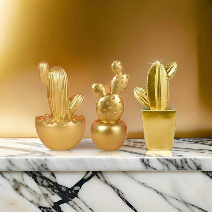 Set 3 Adornos Cactus De Resina Dorado Decoracion Mesa Office - Fliperex