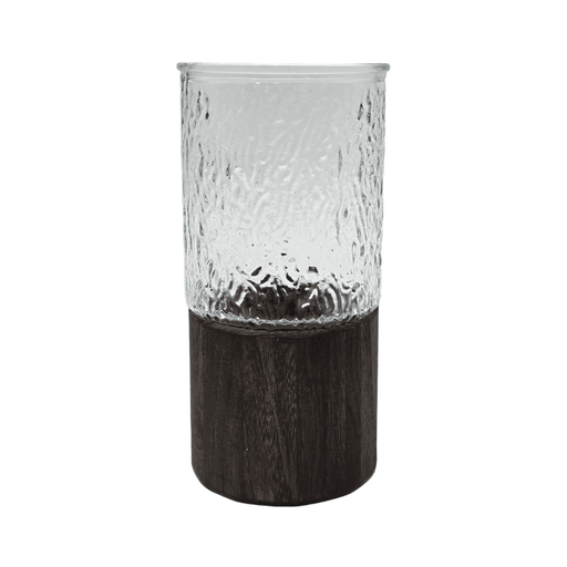 Florero Decorativo De Vidrio Cristal Con Diseño Base Madera - Fliperex