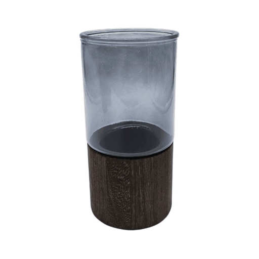 Florero Decorativo De Vidrio Liso Tonos Gris Con Base Madera - Fliperex