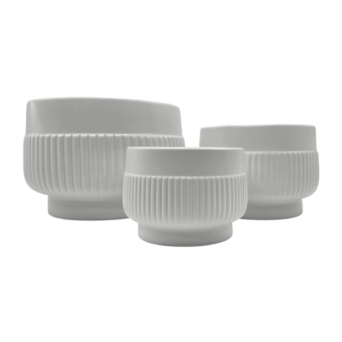 Macetero Maceta De Ceramica Lineas Relieve Blanco L - Fliperex