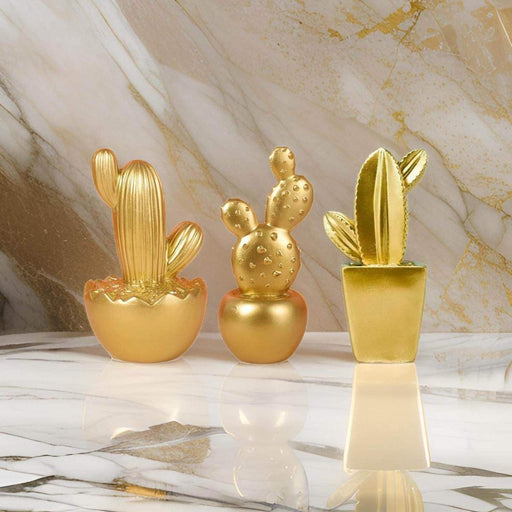 Set 3 Adornos Cactus De Resina Dorado Decoracion Mesa Office - Fliperex