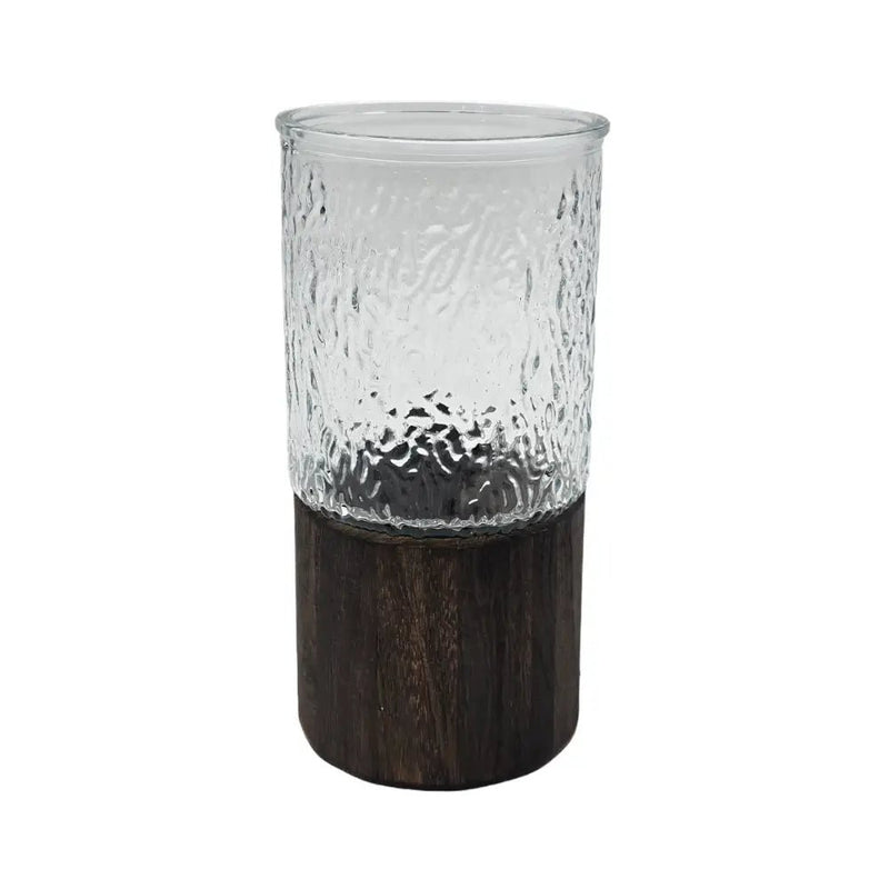 Florero Decorativo De Vidrio Cristal Con Diseño Base Madera - Fliperex