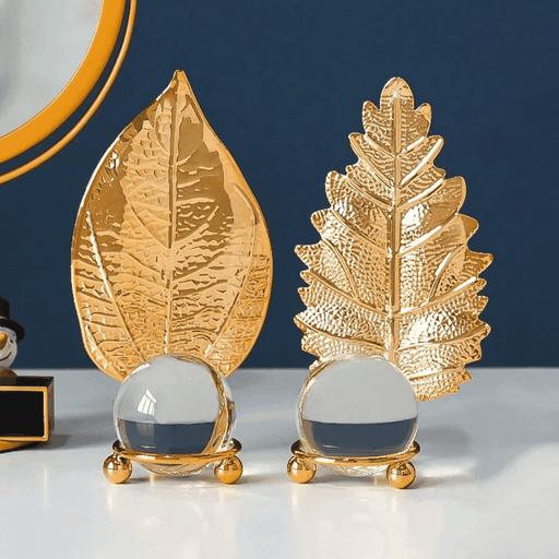 Set 2 Hojas Dorada Con Bola De Cristal Adorno Elegante Mesa - Fliperex