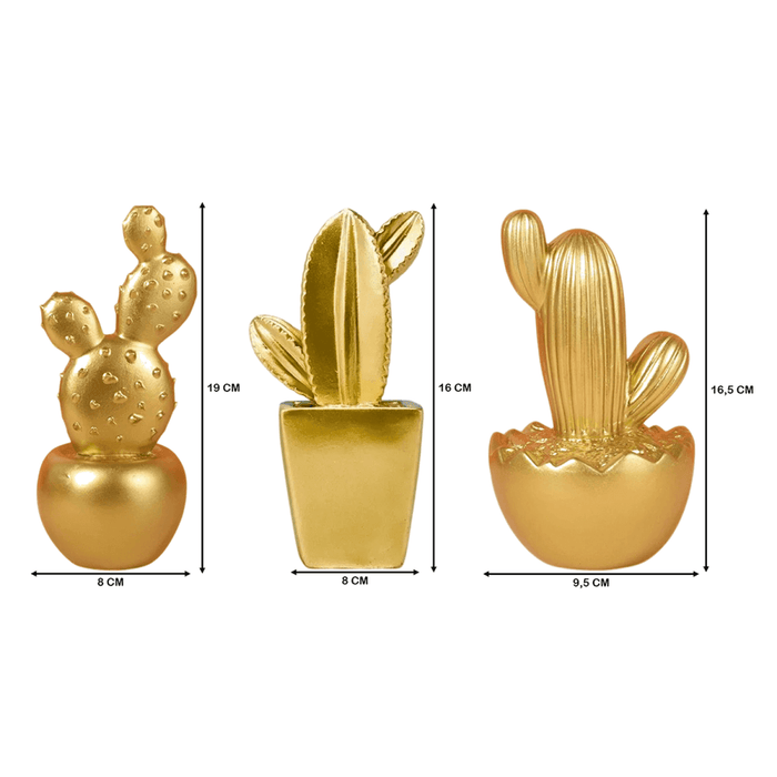 Set 3 Adornos Cactus De Resina Dorado Decoracion Mesa Office - Fliperex