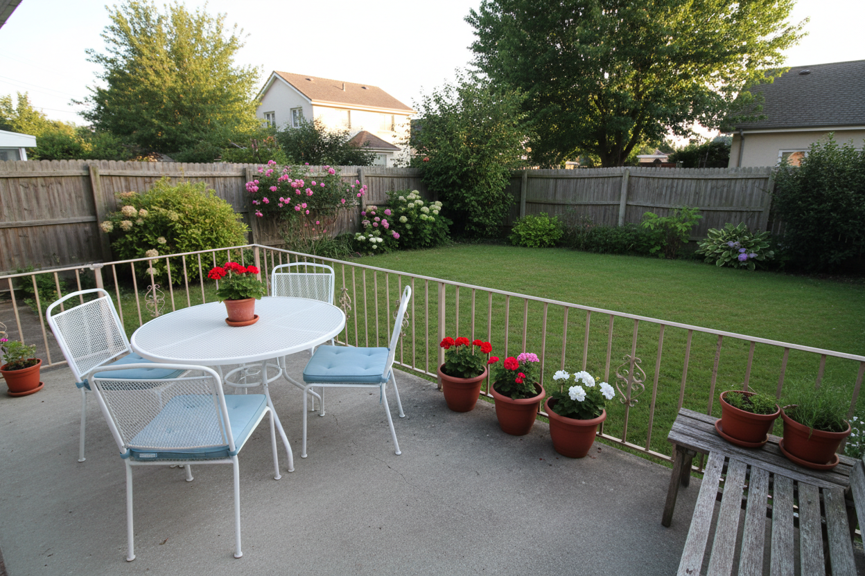una imagen de terraza y que de un lado se vea hacia atras el jardin, pero dame una foto de una casa normal, comun y corriente, nada de lujos